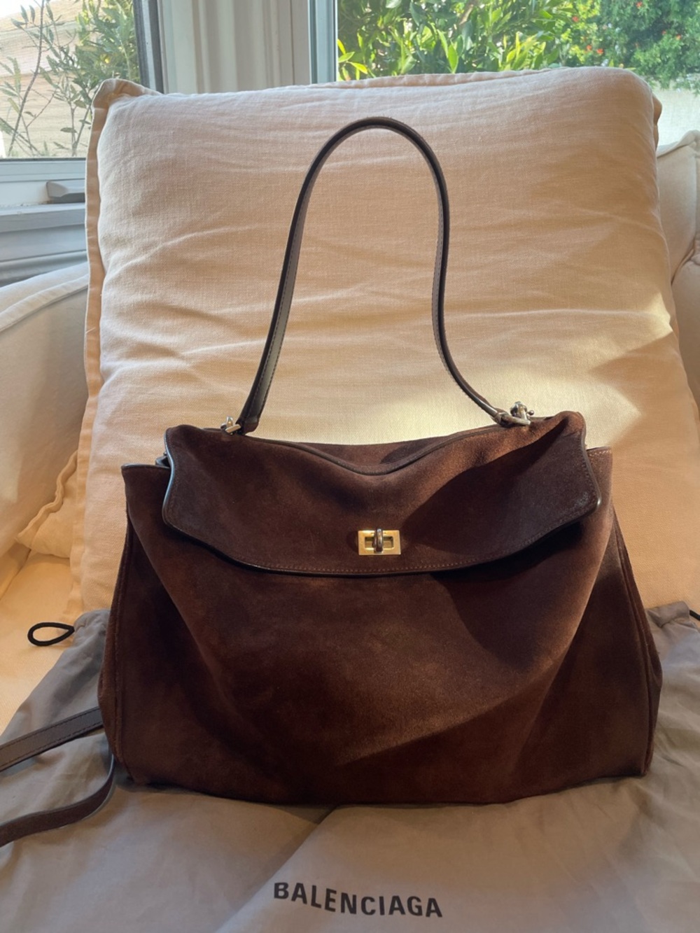 Balenciaga Rodeo Shoulder Bag Medium in Dark Brown Suede with Turn-Lock